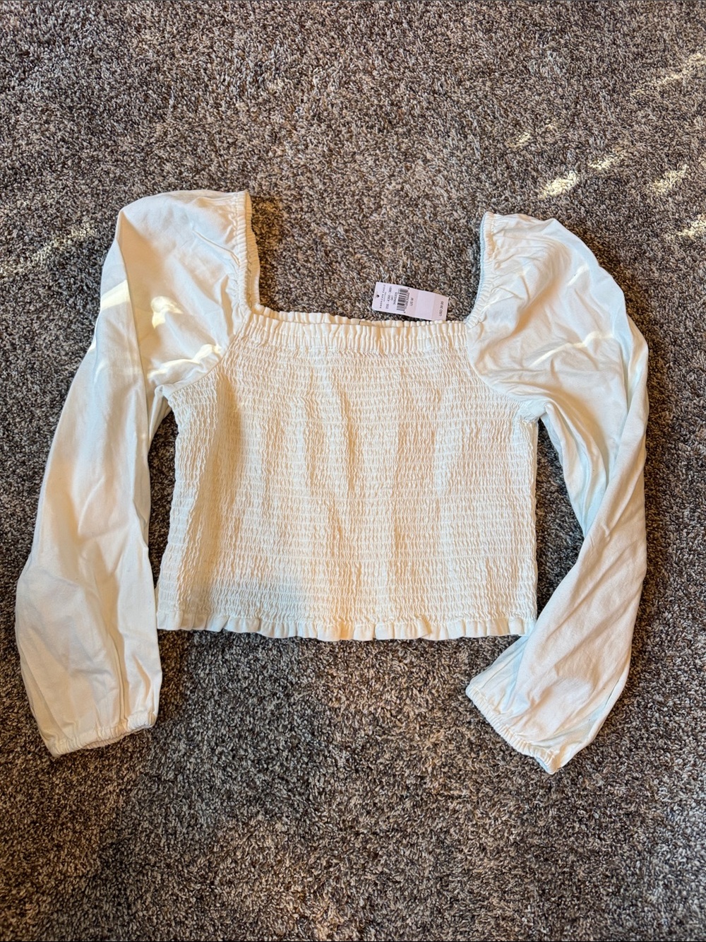 American Eagle Outfitters Cream Smocked Square-Neck Crop Top with Puff Sleeves